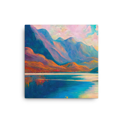 Berglandschaft und Bergsee - Farbige Ölmalerei - Leinwand berge xxx 30.5 x 30.5 cm