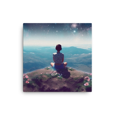 Frau sitzt auf Berg – Cosmos und Sterne im Hintergrund - Landschaftsmalerei - Leinwand berge xxx 30.5 x 30.5 cm