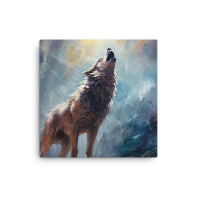 Heulender Wolf auf Berggipfel und Mond im Hintergrund – Abstrakte Malerei - Leinwand camping xxx 30.5 x 30.5 cm