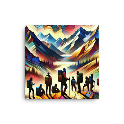 Abstraktes Kunstgemälde der Alpen voller lebendiger Muster. Ein vielfältiges Wanderteam, sowohl Männer als auch Frauen - Leinwand wandern xxx yyy zzz 30.5 x 30.5 cm