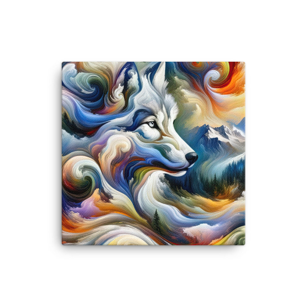 Abstraktes Alpen Gemälde: Wirbelnde Farben und Majestätischer Wolf, Silhouette (AN) - Leinwand xxx yyy zzz 30.5 x 30.5 cm