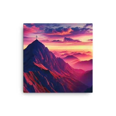 Dramatischer Alpen-Sonnenaufgang, Gipfelkreuz und warme Himmelsfarben - Leinwand berge xxx yyy zzz 30.5 x 30.5 cm