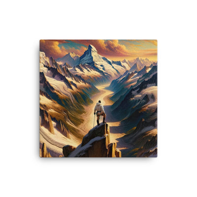 Ölgemälde eines Wanderers auf einem Hügel mit Panoramablick auf schneebedeckte Alpen und goldenen Himmel - Leinwand wandern xxx yyy zzz 30.5 x 30.5 cm
