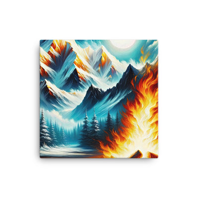 Ölgemälde von Feuer und Eis: Lagerfeuer und Alpen im Kontrast, warme Flammen - Leinwand camping xxx yyy zzz 30.5 x 30.5 cm
