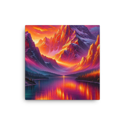 Ölgemälde eines Bootes auf einem Bergsee bei Sonnenuntergang, lebendige Orange-Lila Töne - Leinwand berge xxx yyy zzz 30.5 x 30.5 cm