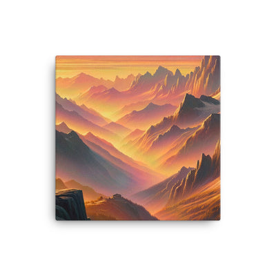 Ölgemälde der Alpen in der goldenen Stunde mit Wanderer, Orange-Rosa Bergpanorama - Leinwand wandern xxx yyy zzz 30.5 x 30.5 cm