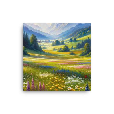 Ölgemälde einer Almwiese, Meer aus Wildblumen in Gelb- und Lilatönen - Leinwand berge xxx yyy zzz 30.5 x 30.5 cm