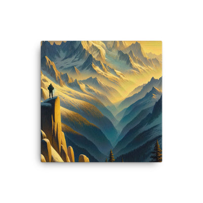 Ölgemälde eines Wanderers bei Morgendämmerung auf Alpengipfeln mit goldenem Sonnenlicht - Leinwand wandern xxx yyy zzz 30.5 x 30.5 cm