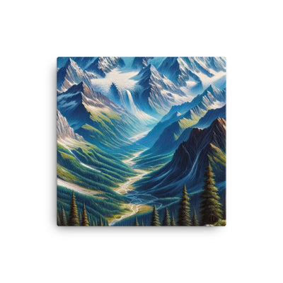 Panorama-Ölgemälde der Alpen mit schneebedeckten Gipfeln und schlängelnden Flusstälern - Leinwand berge xxx yyy zzz 30.5 x 30.5 cm