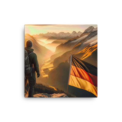Foto der Alpen bei Sonnenuntergang mit deutscher Flagge und Wanderer, goldenes Licht auf Schneegipfeln - Leinwand berge xxx yyy zzz 30.5 x 30.5 cm