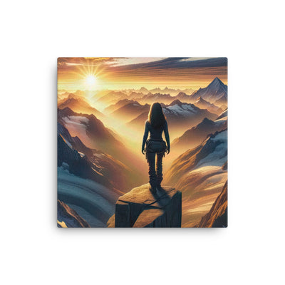 Fotorealistische Darstellung der Alpen bei Sonnenaufgang, Wanderin unter einem gold-purpurnen Himmel - Leinwand wandern xxx yyy zzz 30.5 x 30.5 cm