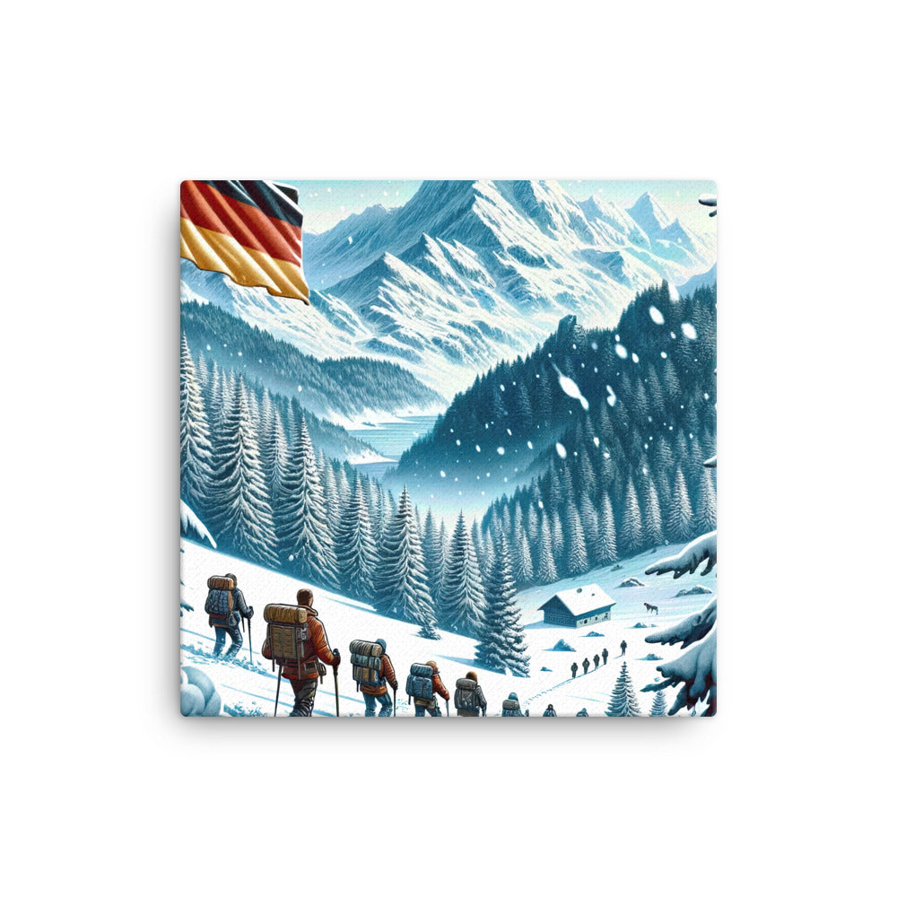 Quadratische Winterillustration der Alpen mit deutscher Flagge und Wanderteam - Leinwand wandern xxx yyy zzz 30.5 x 30.5 cm