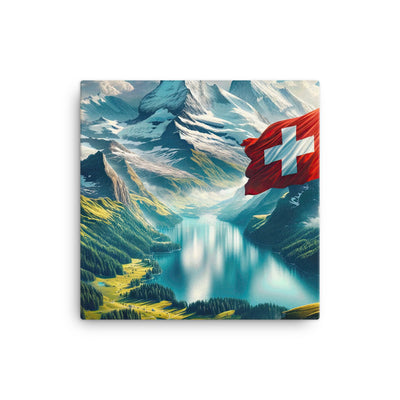 Ultraepische, fotorealistische Darstellung der Schweizer Alpenlandschaft mit Schweizer Flagge - Leinwand berge xxx yyy zzz 30.5 x 30.5 cm