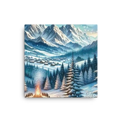 Aquarell eines Winterabends in den Alpen mit Lagerfeuer und Wanderern, glitzernder Neuschnee - Leinwand camping xxx yyy zzz 30.5 x 30.5 cm