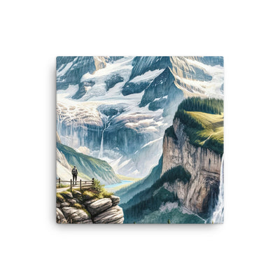 Aquarell-Panoramablick der Alpen mit schneebedeckten Gipfeln, Wasserfällen und Wanderern - Leinwand wandern xxx yyy zzz 30.5 x 30.5 cm