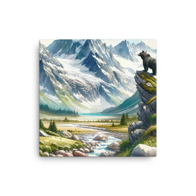 Aquarellmalerei eines Bären und der sommerlichen Alpenschönheit mit schneebedeckten Ketten - Leinwand camping xxx yyy zzz 30.5 x 30.5 cm