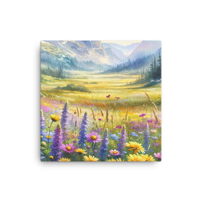 Aquarell einer Almwiese in Ruhe, Wildblumenteppich in Gelb, Lila, Rosa - Leinwand berge xxx yyy zzz 30.5 x 30.5 cm