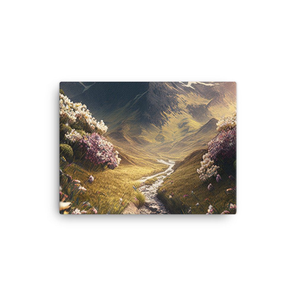 Epischer Berg, steiniger Weg und Blumen - Realistische Malerei - Leinwand berge xxx 30.5 x 40.6 cm