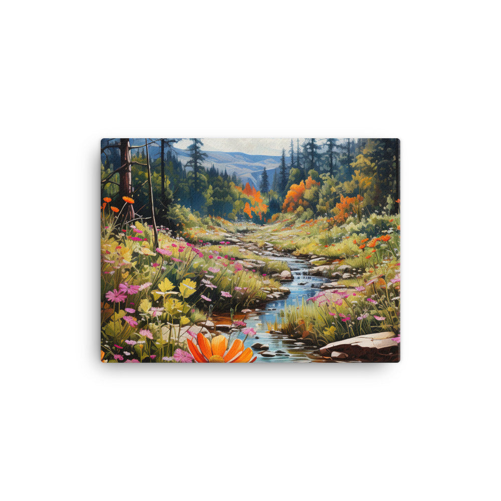 Berge, schöne Blumen und Bach im Wald - Leinwand berge xxx 30.5 x 40.6 cm