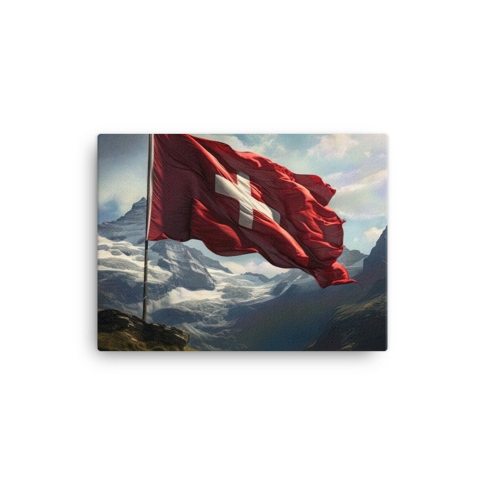 Schweizer Flagge und Berge im Hintergrund - Fotorealistische Malerei - Leinwand berge xxx 30.5 x 40.6 cm