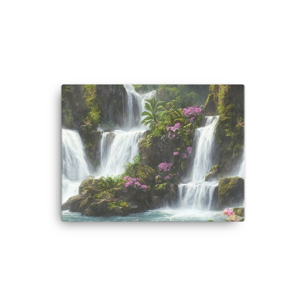 Wasserfall im Wald und Blumen - Schöne Malerei - Leinwand camping xxx 30.5 x 40.6 cm