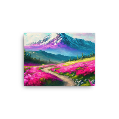 Berg, pinke Blumen und Wanderweg - Landschaftsmalerei - Leinwand berge xxx 30.5 x 40.6 cm