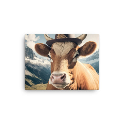 Kuh mit Hut in den Alpen - Berge im Hintergrund - Landschaftsmalerei - Leinwand berge xxx 30.5 x 40.6 cm