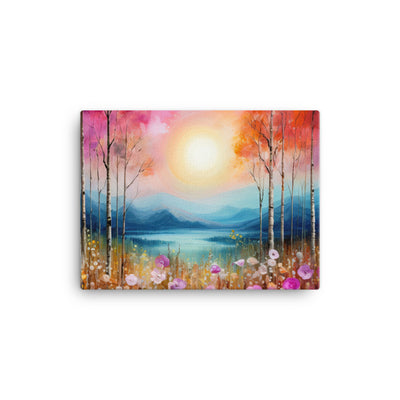 Berge, See, pinke Bäume und Blumen - Malerei - Leinwand berge xxx 30.5 x 40.6 cm