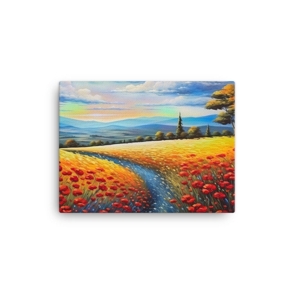 Feld mit roten Blumen und Berglandschaft - Landschaftsmalerei - Leinwand berge xxx 30.5 x 40.6 cm