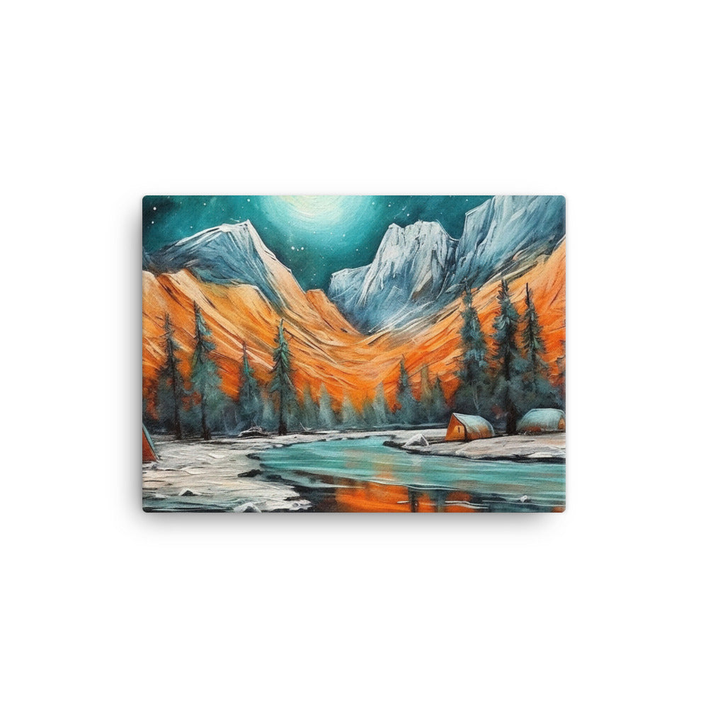 Berglandschaft und Zelte - Nachtstimmung - Landschaftsmalerei - Leinwand camping xxx 30.5 x 40.6 cm