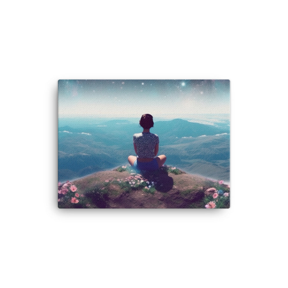Frau sitzt auf Berg – Cosmos und Sterne im Hintergrund - Landschaftsmalerei - Leinwand berge xxx 30.5 x 40.6 cm