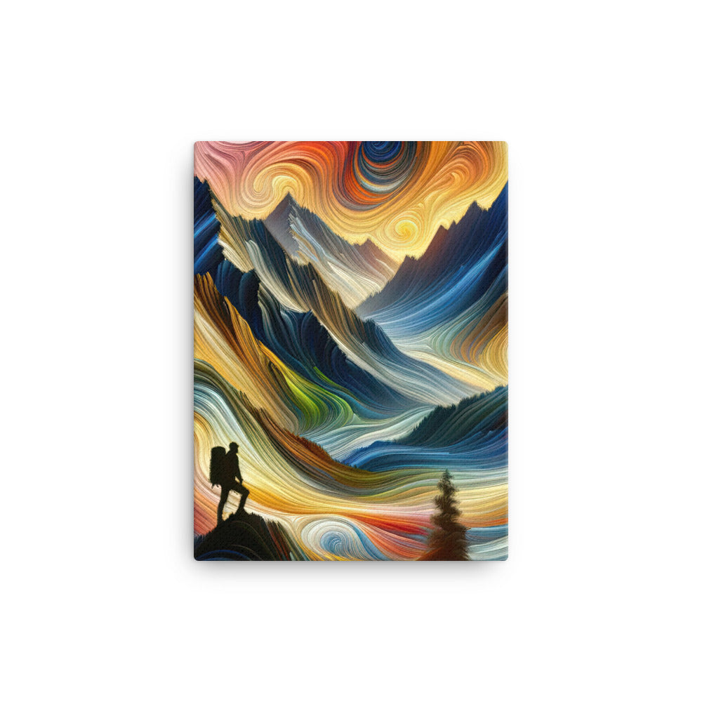 Abstraktes Kunstgemälde der Alpen mit wirbelnden, lebendigen Farben und dynamischen Mustern. Wanderer Silhouette - Leinwand wandern xxx yyy zzz 30.5 x 40.6 cm