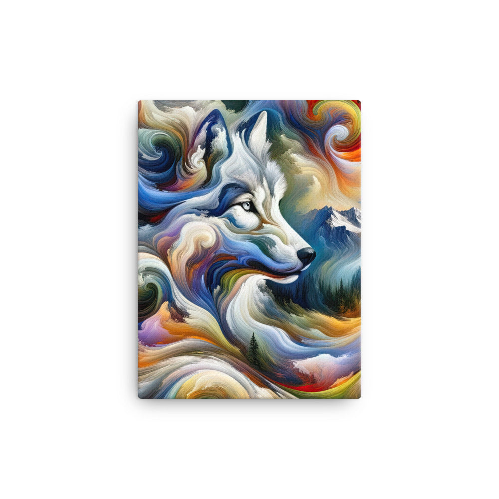 Abstraktes Alpen Gemälde: Wirbelnde Farben und Majestätischer Wolf, Silhouette (AN) - Leinwand xxx yyy zzz 30.5 x 40.6 cm