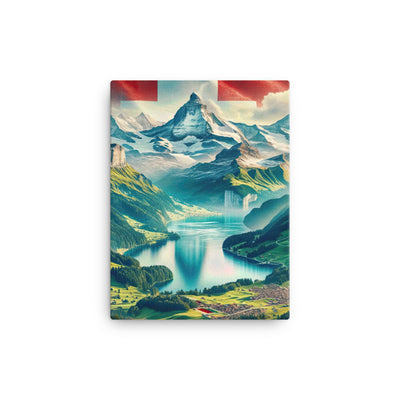 Berg Panorama: Schneeberge und Täler mit Schweizer Flagge - Leinwand berge xxx yyy zzz 30.5 x 40.6 cm