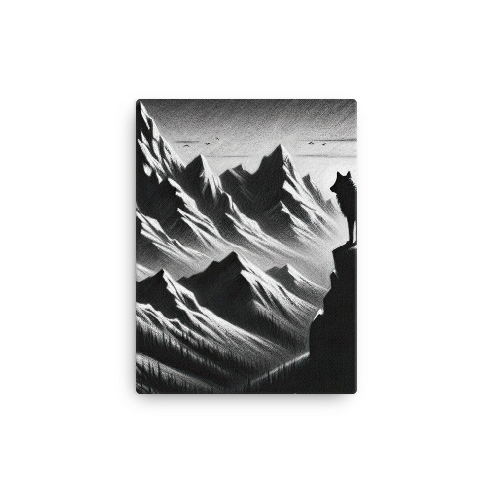 Kohlezeichnung, die die stille Stille der Alpen in der Winterdämmerung verkörpert. Wolf auf einem Berghügel (AN) - Leinwand xxx yyy zzz 30.5 x 40.6 cm