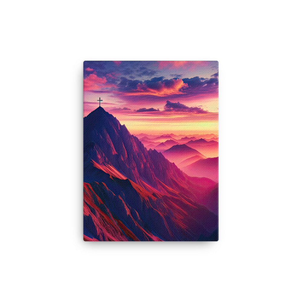 Dramatischer Alpen-Sonnenaufgang, Gipfelkreuz und warme Himmelsfarben - Leinwand berge xxx yyy zzz 30.5 x 40.6 cm