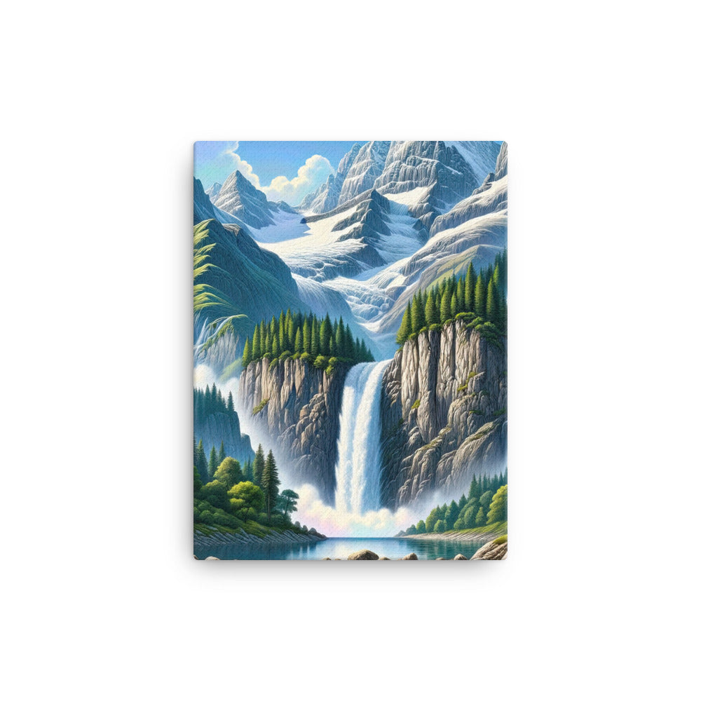 Illustration einer unberührten Alpenkulisse im Hochsommer. Wasserfall und See - Leinwand berge xxx yyy zzz 30.5 x 40.6 cm