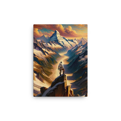 Ölgemälde eines Wanderers auf einem Hügel mit Panoramablick auf schneebedeckte Alpen und goldenen Himmel - Leinwand wandern xxx yyy zzz 30.5 x 40.6 cm