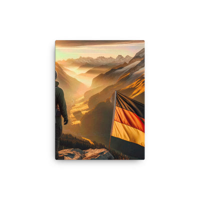 Foto der Alpen bei Sonnenuntergang mit deutscher Flagge und Wanderer, goldenes Licht auf Schneegipfeln - Leinwand berge xxx yyy zzz 30.5 x 40.6 cm