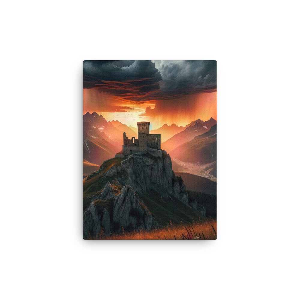 Foto einer Alpenburg bei stürmischem Sonnenuntergang, dramatische Wolken und Sonnenstrahlen - Leinwand berge xxx yyy zzz 30.5 x 40.6 cm
