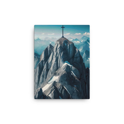 Foto der Alpen mit Gipfelkreuz an einem klaren Tag, schneebedeckte Spitzen vor blauem Himmel - Leinwand berge xxx yyy zzz 30.5 x 40.6 cm