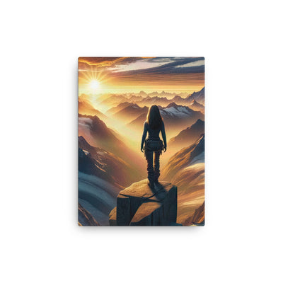 Fotorealistische Darstellung der Alpen bei Sonnenaufgang, Wanderin unter einem gold-purpurnen Himmel - Leinwand wandern xxx yyy zzz 30.5 x 40.6 cm