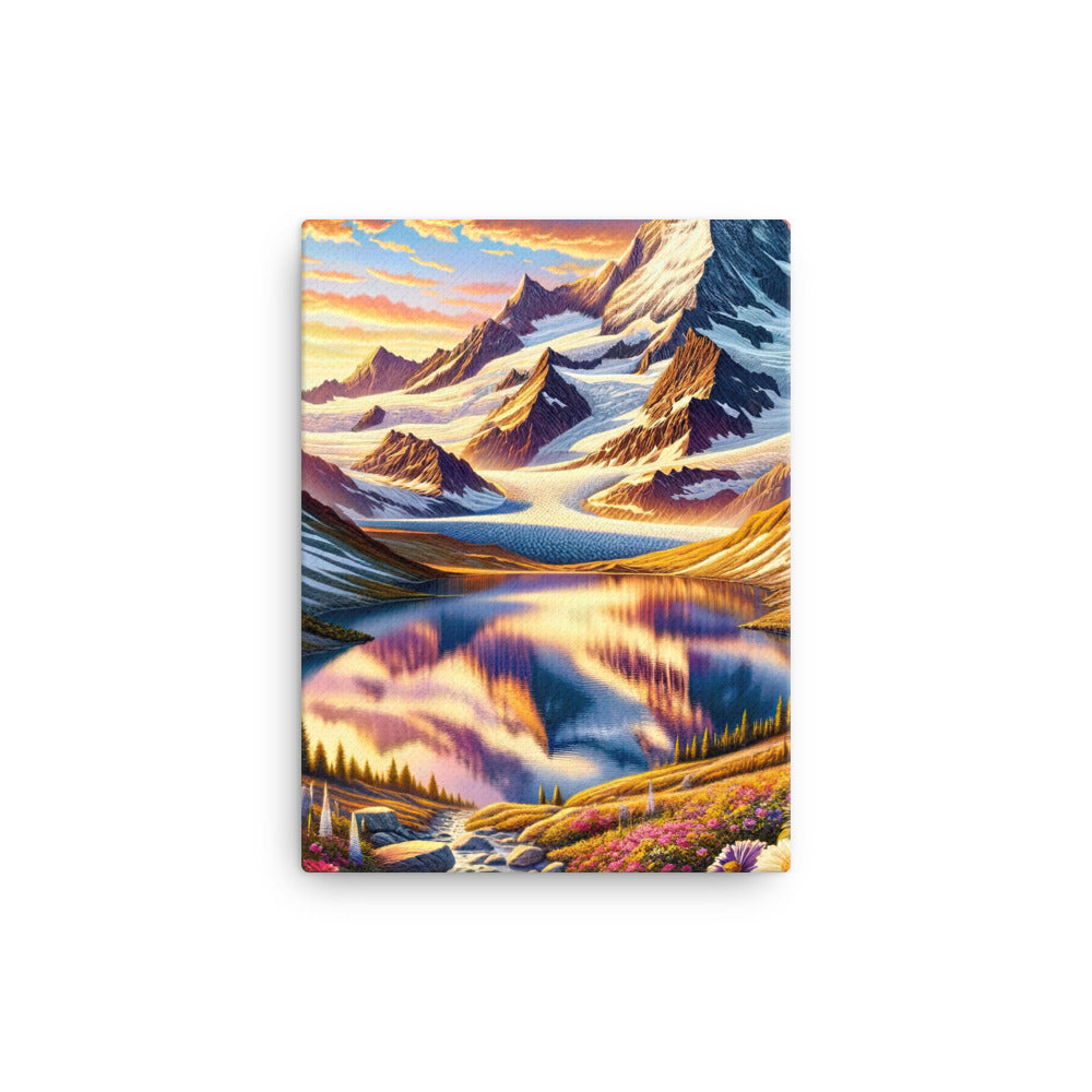 Quadratische Illustration der Alpen mit schneebedeckten Gipfeln und Wildblumen - Leinwand berge xxx yyy zzz 30.5 x 40.6 cm