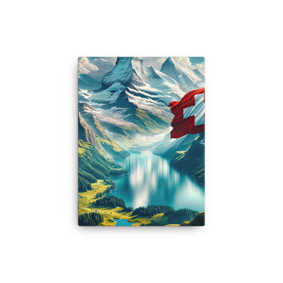 Ultraepische, fotorealistische Darstellung der Schweizer Alpenlandschaft mit Schweizer Flagge - Leinwand berge xxx yyy zzz 30.5 x 40.6 cm