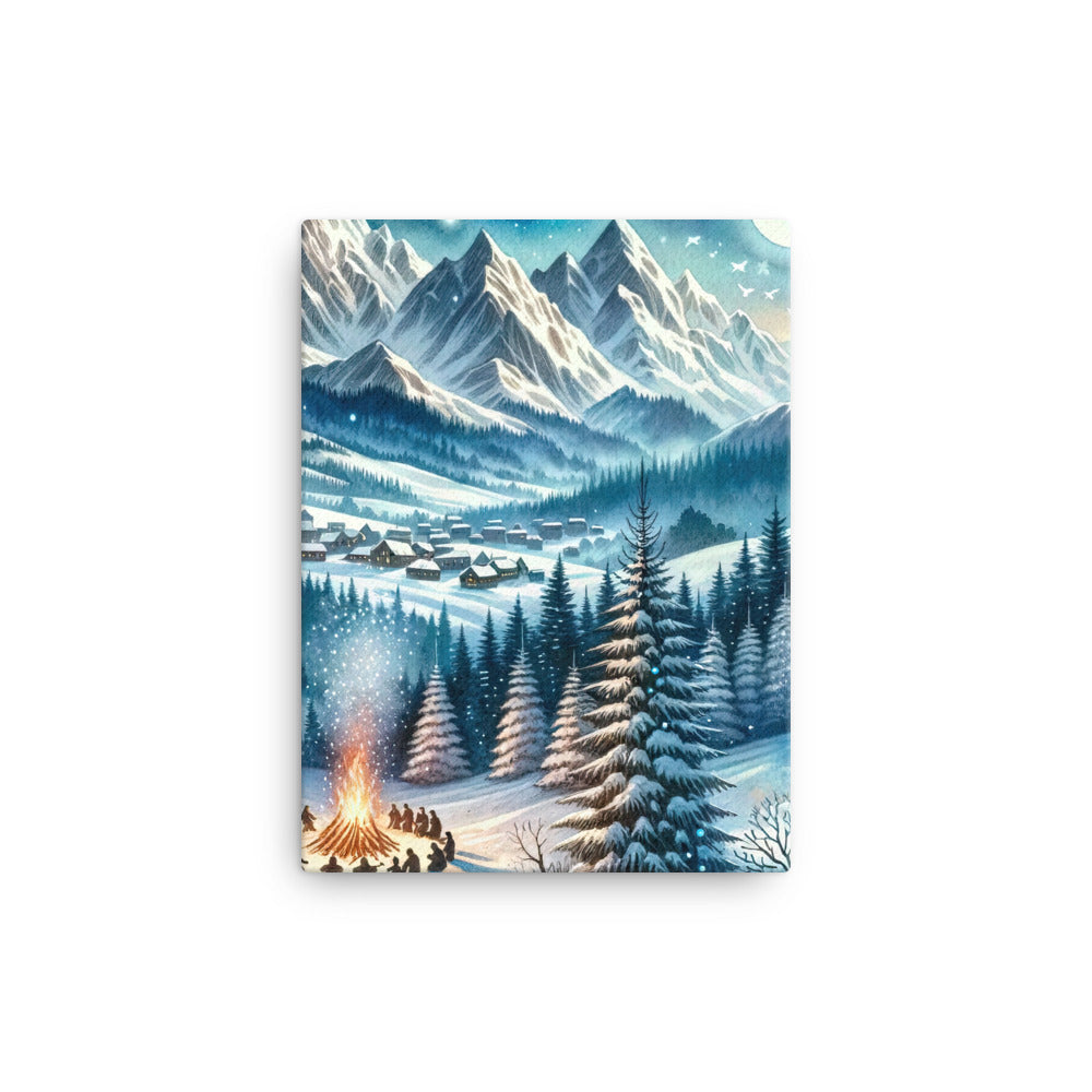 Aquarell eines Winterabends in den Alpen mit Lagerfeuer und Wanderern, glitzernder Neuschnee - Leinwand camping xxx yyy zzz 30.5 x 40.6 cm