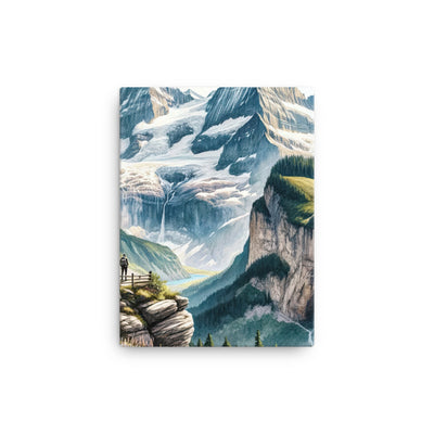 Aquarell-Panoramablick der Alpen mit schneebedeckten Gipfeln, Wasserfällen und Wanderern - Leinwand wandern xxx yyy zzz 30.5 x 40.6 cm