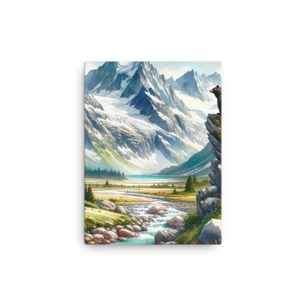 Aquarellmalerei eines Bären und der sommerlichen Alpenschönheit mit schneebedeckten Ketten - Leinwand camping xxx yyy zzz 30.5 x 40.6 cm