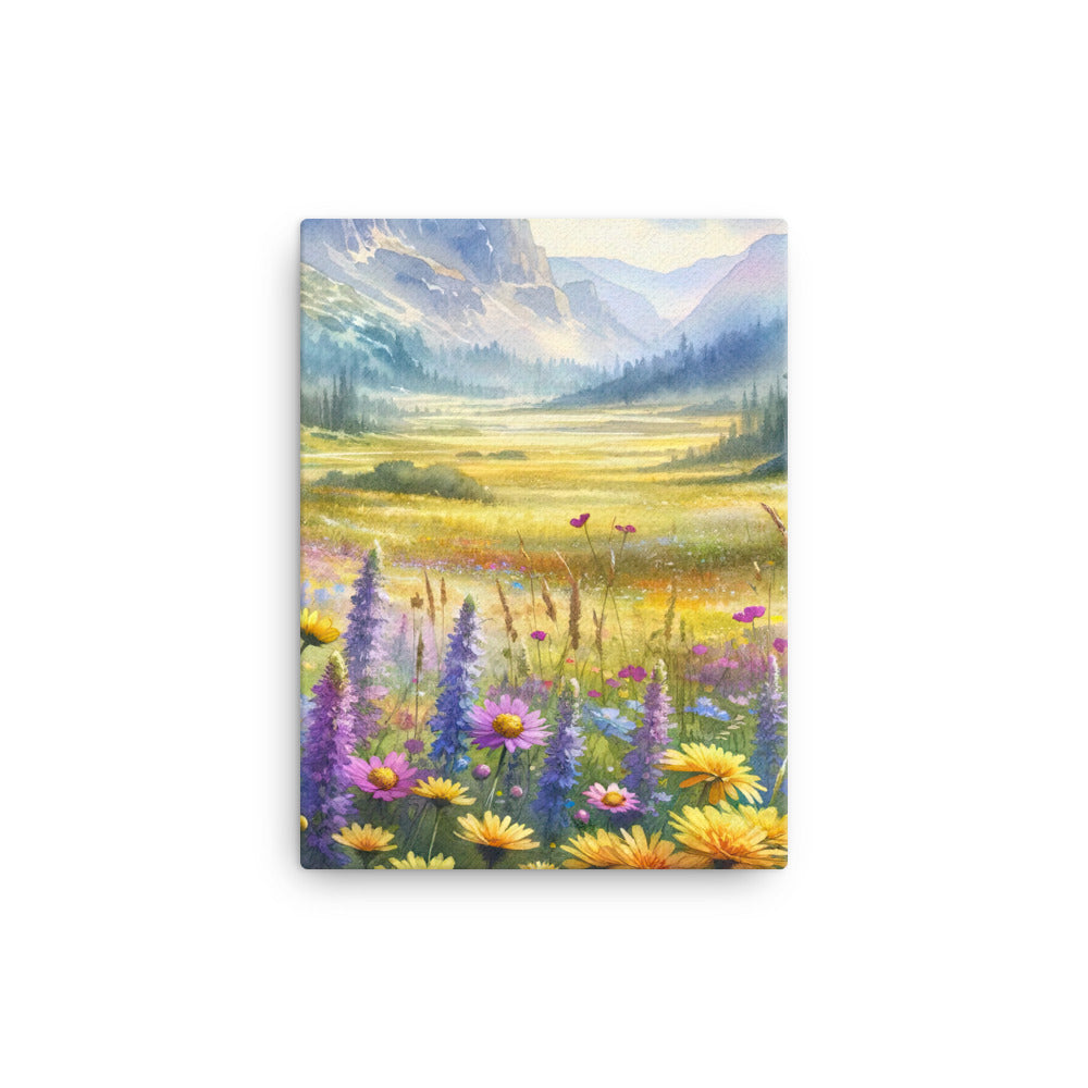 Aquarell einer Almwiese in Ruhe, Wildblumenteppich in Gelb, Lila, Rosa - Leinwand berge xxx yyy zzz 30.5 x 40.6 cm