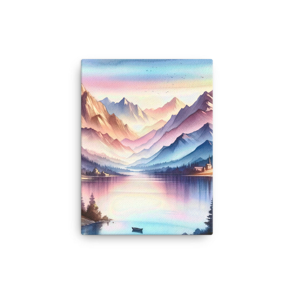 Aquarell einer Dämmerung in den Alpen, Boot auf einem See in Pastell-Licht - Leinwand berge xxx yyy zzz 30.5 x 40.6 cm