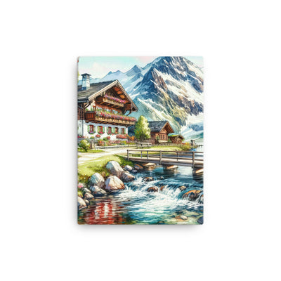 Aquarell der frühlingshaften Alpenkette mit österreichischer Flagge und schmelzendem Schnee - Leinwand berge xxx yyy zzz 30.5 x 40.6 cm